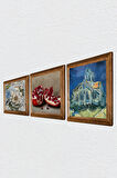 Van Gogh Auvers'deki Kilise, Kelebekli Çiçek, Nar Taş Duvar Tablosu Ahşap Çerçeveli Duvar Dekoru 3 Parça Tablo Seti Wall Art