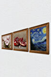Van Gogh Yıldızlı Gece, Kelebekli Çiçek, Nar Taş Duvar Tablosu Ahşap Çerçeveli Duvar Dekoru 3 Parça Tablo Seti Wall Art