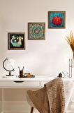Mandala, Şahmeran, Nar Taş Duvar Tablosu Ahşap Çerçeveli Duvar Dekoru 3 Parça Tablo Seti Wall Art