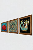 Mandala, Şahmeran, Nar Taş Duvar Tablosu Ahşap Çerçeveli Duvar Dekoru 3 Parça Tablo Seti Wall Art