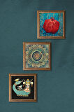 Mandala, Şahmeran, Nar Taş Duvar Tablosu Ahşap Çerçeveli Duvar Dekoru 3 Parça Tablo Seti Wall Art