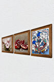 Çini Sanatı Yelkenli Gemi, Kelebekli Çiçek, Nar Taş Duvar Tablosu Ahşap Çerçeveli Duvar Dekoru 3 Parça Tablo Seti Wall Art