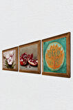 Lotus Çiçeği, Kelebekli Çiçek, Nar Taş Duvar Tablosu Ahşap Çerçeveli Duvar Dekoru 3 Parça Tablo Seti Wall Art