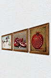 Bereket Duası, Nar, At Taş Duvar Tablosu Ahşap Çerçeveli Duvar Dekoru 3 Parça Tablo Seti Wall Art