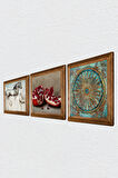 Yaşam Çiçeği, Leonardo da Vinci At Heykeli, Nar Taş Duvar Tablosu Ahşap Çerçeveli Duvar Dekoru 3 Parça Tablo Seti Wall Art