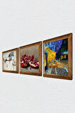 Van Gogh Kafe Terasta Gece, Da Vinci At Heykeli, Nar Taş Duvar Tablosu Ahşap Çerçeveli Duvar Dekoru 3 Parça Tablo Seti Wall Art