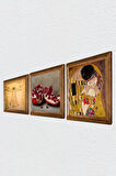 Gustav Klimt Öpücük, Leonardo da Vinci Vitruvius Adamı, Nar Taş Duvar Tablosu Ahşap Çerçeveli Duvar Dekoru 3 Parça Tablo Seti Wall Art