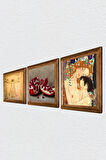 Gustav Klimt Anne Çocuk, Da Vinci Vitruvius Adamı, Nar Taş Duvar Tablosu Ahşap Çerçeveli Duvar Dekoru 3 Parça Tablo Seti Wall Art