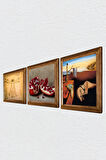 Salvador Dalí Belleğin Azmi, Da Vinci Vitruvius Adamı, Nar Taş Duvar Tablosu Ahşap Çerçeveli Duvar Dekoru 3 Parça Tablo Seti Wall Art