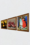 Kaplumbağa Terbiyecisi, Leonardo da Vinci Mona Lisa, Nar Taş Duvar Tablosu Ahşap Çerçeveli Duvar Dekoru 3 Parça Tablo Seti Wall Art