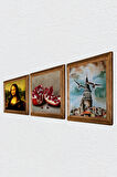 İstanbul Galata Kulesi, Leonardo da Vinci Mona Lisa, Nar Taş Duvar Tablosu Ahşap Çerçeveli Duvar Dekoru 3 Parça Tablo Seti Wall Art