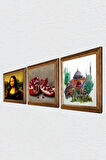 İstanbul Ayasofya, Leonardo da Vinci Mona Lisa, Nar Taş Duvar Tablosu Ahşap Çerçeveli Duvar Dekoru 3 Parça Tablo Seti Wall Art