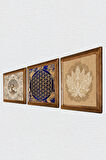 Lotus Çiçeği, Yaşam Çiçeği, Hayat Ağacı Taş Duvar Tablosu Ahşap Çerçeveli Duvar Dekoru 3 Parça Tablo Seti Wall Art