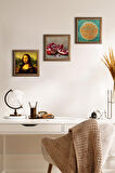 Lotus Çiçeği, Leonardo da Vinci Mona Lisa, Nar Taş Duvar Tablosu Ahşap Çerçeveli Duvar Dekoru 3 Parça Tablo Seti Wall Art