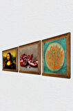 Lotus Çiçeği, Leonardo da Vinci Mona Lisa, Nar Taş Duvar Tablosu Ahşap Çerçeveli Duvar Dekoru 3 Parça Tablo Seti Wall Art