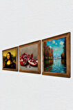 Claude Monet Sonbahar, Leonardo da Vinci Mona Lisa, Nar Taş Duvar Tablosu Ahşap Çerçeveli Duvar Dekoru 3 Parça Tablo Seti Wall Art