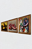 Picasso Ayna Karşısındaki Kız, Da Vinci Mona Lisa, Nar Taş Duvar Tablosu Ahşap Çerçeveli Duvar Dekoru 3 Parça Tablo Seti Wall Art