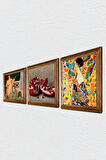 Gustav Klimt Yelpazeli Kadın, İki Müzisyen Kız, Nar Taş Duvar Tablosu Ahşap Çerçeveli Duvar Dekoru 3 Parça Tablo Seti Wall Art