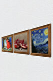 Van Gogh Yıldızlı Gece, Kaplumbağa Terbiyecisi, Nar Taş Duvar Tablosu Ahşap Çerçeveli Duvar Dekoru 3 Parça Tablo Seti Wall Art