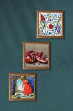 Çini Sanatı Lale, Kaplumbağa Terbiyecisi, Nar Taş Duvar Tablosu Ahşap Çerçeveli Duvar Dekoru 3 Parça Tablo Seti Wall Art