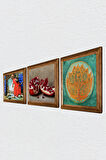 Lotus Çiçeği, Kaplumbağa Terbiyecisi, Nar Taş Duvar Tablosu Ahşap Çerçeveli Duvar Dekoru 3 Parça Tablo Seti Wall Art