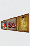 Gustav Klimt Bauer'in Portresi, Kaplumbağa Terbiyecisi, Nar Taş Duvar Tablosu Ahşap Çerçeveli Duvar Dekoru 3 Parça Tablo Seti Wall Art