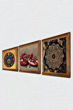 Sri Yantra, Nazar Boncuğu, Nar Taş Duvar Tablosu Ahşap Çerçeveli Duvar Dekoru 3 Parça Tablo Seti Wall Art