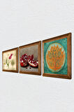 Lotus Çiçeği, Lale Ebru Sanatı, Nar Taş Duvar Tablosu Ahşap Çerçeveli Duvar Dekoru 3 Parça Tablo Seti Wall Art