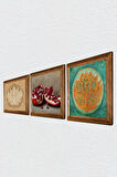 Lotus Çiçeği, Nar Taş Duvar Tablosu Ahşap Çerçeveli Duvar Dekoru 3 Parça Tablo Seti Wall Art