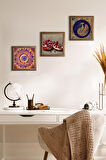 Mandala, Tavus Kuşu, Nar Taş Duvar Tablosu Ahşap Çerçeveli Duvar Dekoru 3 Parça Tablo Seti Wall Art