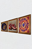 Mandala, Tavus Kuşu, Nar Taş Duvar Tablosu Ahşap Çerçeveli Duvar Dekoru 3 Parça Tablo Seti Wall Art