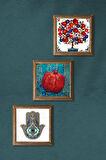 Nar Ağacı, Nar, Fatma Ana Eli (Hamsa) Taş Duvar Tablosu Ahşap Çerçeveli Duvar Dekoru 3 Parça Tablo Seti Wall Art