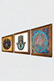 Yaşam Çiçeği, Nazar Boncuğu, Fatma Ana Eli (Hamsa) Taş Duvar Tablosu Ahşap Çerçeveli Duvar Dekoru 3 Parça Tablo Seti Wall Art
