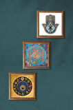 Yaşam Çiçeği, Nazar Boncuğu, Fatma Ana Eli (Hamsa) Taş Duvar Tablosu Ahşap Çerçeveli Duvar Dekoru 3 Parça Tablo Seti Wall Art