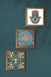 Hayat Ağacı, Yaşam Çiçeği, Fatma Ana Eli (Hamsa) Taş Duvar Tablosu Ahşap Çerçeveli Duvar Dekoru 3 Parça Tablo Seti Wall Art