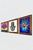 Hayat Ağacı, Hayat Ağacı, Fatma Ana Eli (Hamsa) Taş Duvar Tablosu Ahşap Çerçeveli Duvar Dekoru 3 Parça Tablo Seti Wall Art
