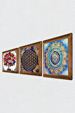 Mandala, Yaşam Çiçeği, Nar Ağacı Taş Duvar Tablosu Ahşap Çerçeveli Duvar Dekoru 3 Parça Tablo Seti Wall Art