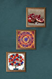 Mandala, Nar, Nar Ağacı Taş Duvar Tablosu Ahşap Çerçeveli Duvar Dekoru 3 Parça Tablo Seti Wall Art