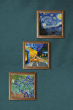 Van Gogh Kafe Terasta Gece, İrisler, Yıldızlı Gece Taş Duvar Tablosu Ahşap Çerçeveli Duvar Dekoru 3 Parça Tablo Seti Wall Art