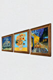 Van Gogh Kilise, Kafe Terasta Gece, On İki Ayçiçekli Vazo Taş Duvar Tablosu Ahşap Çerçeveli Duvar Dekoru 3 Parça Tablo Seti Wall Art