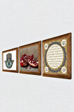 Hilye-i Şerif, Nar, Fatma Ana Eli (Hamsa) Taş Duvar Tablosu Ahşap Çerçeveli Duvar Dekoru 3 Parça Tablo Seti Wall Art