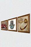 Vav, Nar, Fatma Ana Eli (Hamsa) Taş Duvar Tablosu Ahşap Çerçeveli Duvar Dekoru 3 Parça Tablo Seti Wall Art