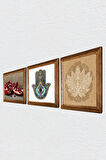 Lotus Çiçeği, Nar, Fatma Ana Eli (Hamsa) Taş Duvar Tablosu Ahşap Çerçeveli Duvar Dekoru 3 Parça Tablo Seti Wall Art