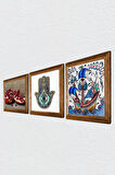Çini Sanatı Yelkenli Gemi, Nar, Fatma Ana Eli (Hamsa) Taş Duvar Tablosu Ahşap Çerçeveli Duvar Dekoru 3 Parça Tablo Seti Wall Art