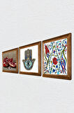 Çini Sanatı Lale, Nar, Fatma Ana Eli (Hamsa) Taş Duvar Tablosu Ahşap Çerçeveli Duvar Dekoru 3 Parça Tablo Seti Wall Art