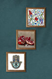 Çini Sanatı Lale, Nar, Fatma Ana Eli (Hamsa) Taş Duvar Tablosu Ahşap Çerçeveli Duvar Dekoru 3 Parça Tablo Seti Wall Art