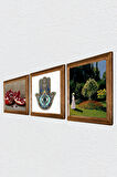 Claude Monet Bahçedeki Kadın, Nar, Fatma Ana Eli (Hamsa) Taş Duvar Tablosu Ahşap Çerçeveli Duvar Dekoru 3 Parça Tablo Seti Wall Art