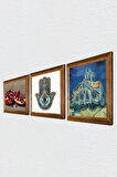 Van Gogh Auvers'deki Kilise, Nar, Fatma Ana Eli (Hamsa) Taş Duvar Tablosu Ahşap Çerçeveli Duvar Dekoru 3 Parça Tablo Seti Wall Art