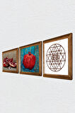Sri Yantra, Nar Taş Duvar Tablosu Ahşap Çerçeveli Duvar Dekoru 3 Parça Tablo Seti Wall Art