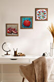 Çini Sanatı Lale, Nar Taş Duvar Tablosu Ahşap Çerçeveli Duvar Dekoru 3 Parça Tablo Seti Wall Art